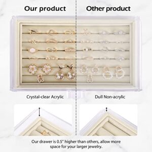 Mebbay Acrylic Jewelry Organizer, Clear Jewelry Box with 4 Drawers, Velvet Rings Earring Necklace Bracelet Display and Storage Case for Women, Beige