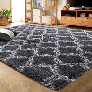 lochas luxury shag area rug modern indoor plush fluffy rugs, extra soft and comfy carpet, geometric moroccan rugs for bedroom living room girls kids nursery, 5×8 feet dark grey/white