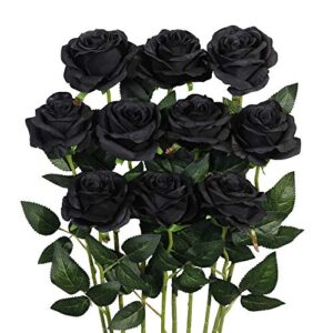 luyue artificial silk black rose flower bouquet wedding party home decor, pack of 10-black