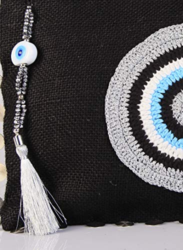 Karens Black-Silver Evil Eye Jute/Burlap Clutch Bag Beach bag Zipper (w/Chain)