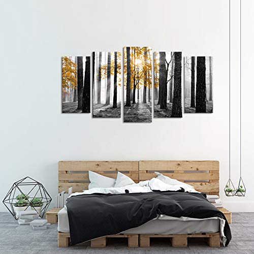 Visual Art Decor Large 5 Pieces Canvas Prints Yellow Tree in Black and White Sunshine Foggy Forest Picture Artwork Framed and Stretched Ready to Hang Modern Home Room Decoration L-60 XH-32(04 Forest)
