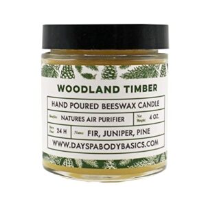 woodland timber hand-poured beeswax candle – cotton braided wick, smokeless, cleans air, non-toxic, non-polluting, non-allergenic, handmade in usa