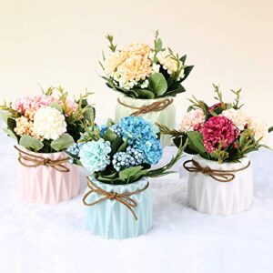 SUPNIU Artificial Hydrangea Bouquet with Small Ceramic Vase Fake Silk Variety Flower Balls Flowers Decoration for Table Home Party Office Wedding (Blue)