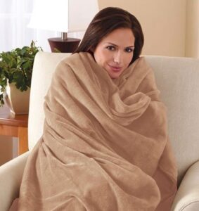 sunbeam electric heated throw blanket velvet plush washable with 3-heat setting auto-off controller, (beige)