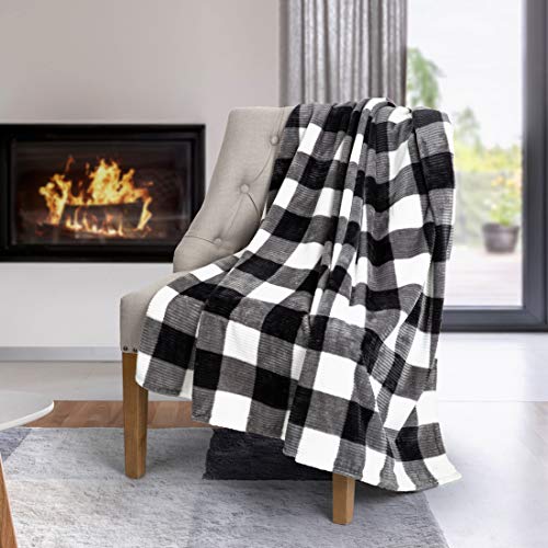 Safdie & Co. Flannel Printed Ribbed 48x60 White Plaid Ultra Soft Throw, Black - 65903.Z.06