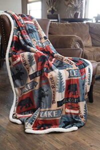 carstens, inc lake house rustic cabin sherpa fleece large throw blanket, 54″ x 68″, blue