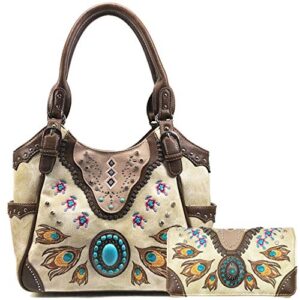 zelris turquoise stone concho peacock feather women conceal carry tote purse set (beige)