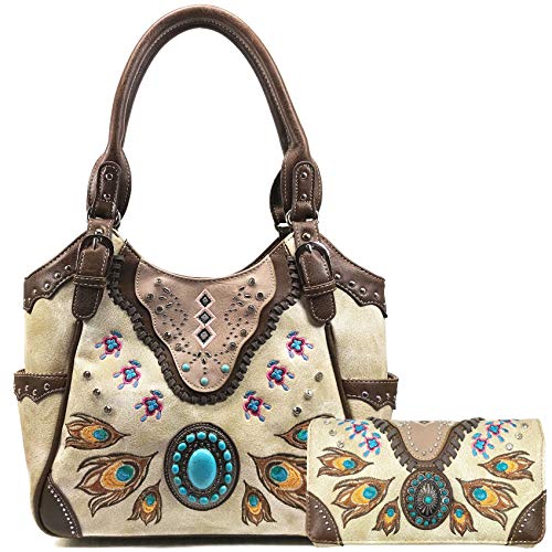 Zelris Turquoise Stone Concho Peacock Feather Women Conceal Carry Tote Purse Set (Beige)