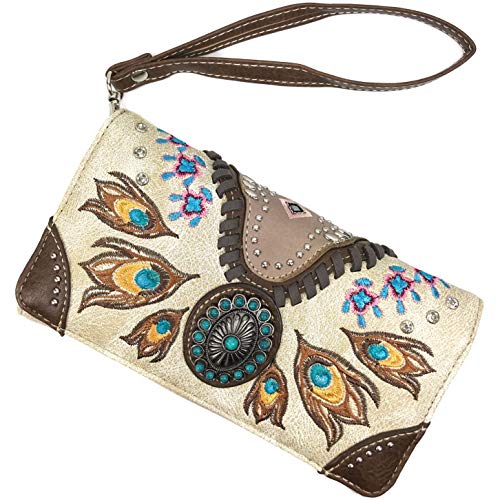 Zelris Turquoise Stone Concho Peacock Feather Women Conceal Carry Tote Purse Set (Beige)