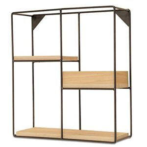 modernist industrial chic floating box shelf unit, wall mounted, black iron, includes 2 flat shelves, 1 bin, clear finished, solid wood, black iron, 4.25 l x 12.25 w x 13.75 h inches