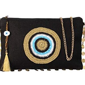 Karens Black-Gold Evil Eye Jute/Burlap Clutch Bag Zipper (w/Chain)