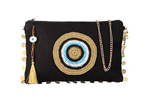 Karens Black-Gold Evil Eye Jute/Burlap Clutch Bag Zipper (w/Chain)