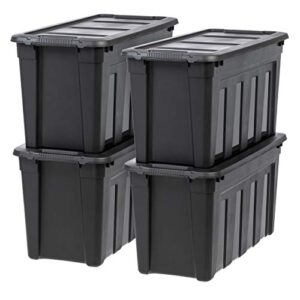 iris usa 31 gallon stackable containers with lids and easy-grip handles, durable plastic totes for bulky items, sporting equipment, seasonal décor, and garage tool storage, black, 4-pack