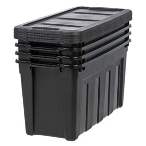 IRIS USA 31 Gallon Stackable Containers with Lids and Easy-Grip Handles, Durable Plastic Totes for Bulky Items, Sporting Equipment, Seasonal Décor, and Garage Tool Storage, Black, 4-Pack