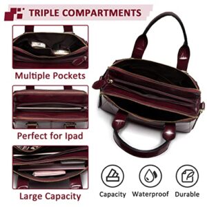 VASCHY Satchel Bag for Women, Faux Patent Leather Top Handle Handbag Work Tote Purse with Triple Compartments Burgundy