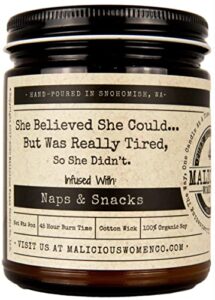 malicious women candle co – she believed she could. but was really tired. so she didn’t, vanilla cupcake infused with naps & snacks, all-natural soy candle, 9 oz