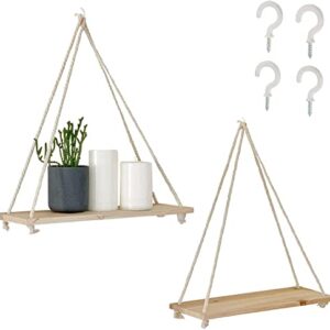 Hanging Shelves for Wall [Set of 2 w/ Hooks] Wooden Shelf Macrame Rope, Natural Light Reclaimed Wood, Boho Decor Triangle Floating Farmhouse Rustic Modern Plant Aesthetic, Dorm Living Room Bedroom