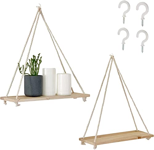 Hanging Shelves for Wall [Set of 2 w/ Hooks] Wooden Shelf Macrame Rope, Natural Light Reclaimed Wood, Boho Decor Triangle Floating Farmhouse Rustic Modern Plant Aesthetic, Dorm Living Room Bedroom