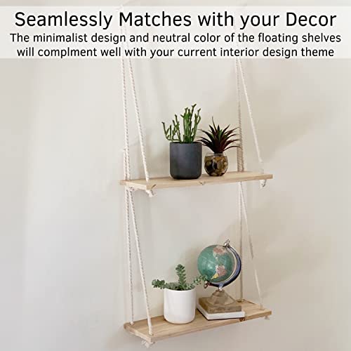 Hanging Shelves for Wall [Set of 2 w/ Hooks] Wooden Shelf Macrame Rope, Natural Light Reclaimed Wood, Boho Decor Triangle Floating Farmhouse Rustic Modern Plant Aesthetic, Dorm Living Room Bedroom