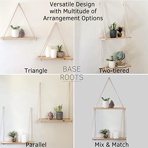 Hanging Shelves for Wall [Set of 2 w/ Hooks] Wooden Shelf Macrame Rope, Natural Light Reclaimed Wood, Boho Decor Triangle Floating Farmhouse Rustic Modern Plant Aesthetic, Dorm Living Room Bedroom