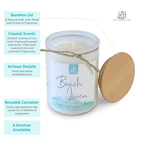 BB Candles Coastal Essentials Natural Soy Hand Poured Candle, Beach Linen Scent, Fragrant Coastal Candle with Strong Scents, Artisan Candle, 12oz, 90+ Hours Burn Time