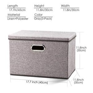 PRANDOM Large Collapsible Storage Bins with Lids [3-Pack] Linen Fabric Foldable Storage Boxes Organizer Containers Baskets Cube with Cover for Home Bedroom Closet Office Nursery (17.7x11.8x11.8)