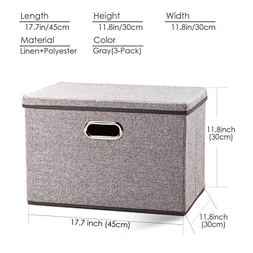 PRANDOM Large Collapsible Storage Bins with Lids [3-Pack] Linen Fabric Foldable Storage Boxes Organizer Containers Baskets Cube with Cover for Home Bedroom Closet Office Nursery (17.7x11.8x11.8)