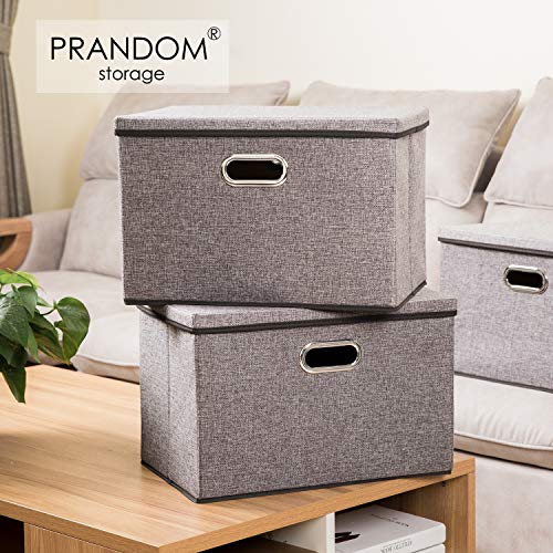 PRANDOM Large Collapsible Storage Bins with Lids [3-Pack] Linen Fabric Foldable Storage Boxes Organizer Containers Baskets Cube with Cover for Home Bedroom Closet Office Nursery (17.7x11.8x11.8)