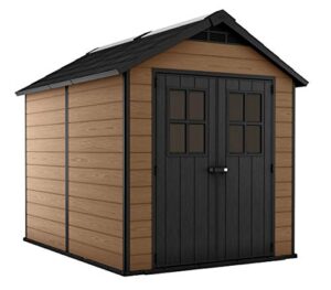 keter newton 7.5×9 large resin outdoor storage shed kit – perfect to store patio furniture, garden tools, bike accessories, and lawn mower, mahogany brown