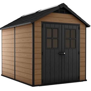 Keter Newton 7.5x9 Large Resin Outdoor Storage Shed Kit – Perfect to Store Patio Furniture, Garden Tools, Bike Accessories, and Lawn Mower, Mahogany Brown