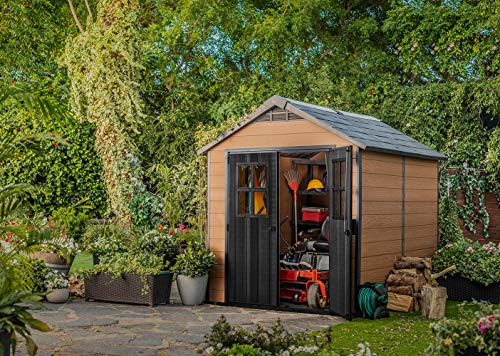 Keter Newton 7.5x9 Large Resin Outdoor Storage Shed Kit – Perfect to Store Patio Furniture, Garden Tools, Bike Accessories, and Lawn Mower, Mahogany Brown