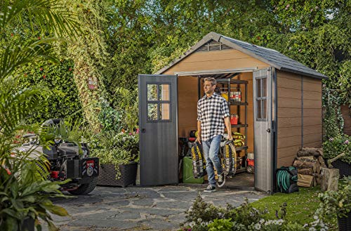 Keter Newton 7.5x9 Large Resin Outdoor Storage Shed Kit – Perfect to Store Patio Furniture, Garden Tools, Bike Accessories, and Lawn Mower, Mahogany Brown