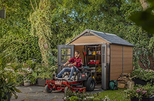 Keter Newton 7.5x9 Large Resin Outdoor Storage Shed Kit – Perfect to Store Patio Furniture, Garden Tools, Bike Accessories, and Lawn Mower, Mahogany Brown