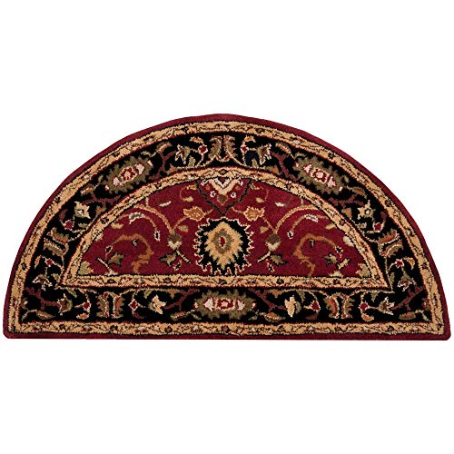 Burgundy Semicircle Rug, Dark Red Black Border Half Circle Hearth Rug Farmhouse Theme, Floral Motif Semi Circle Mat Half Moon Area Entryway Hunting Cabin Lodge Nature Indoor Beige, 2' x 4' Wool