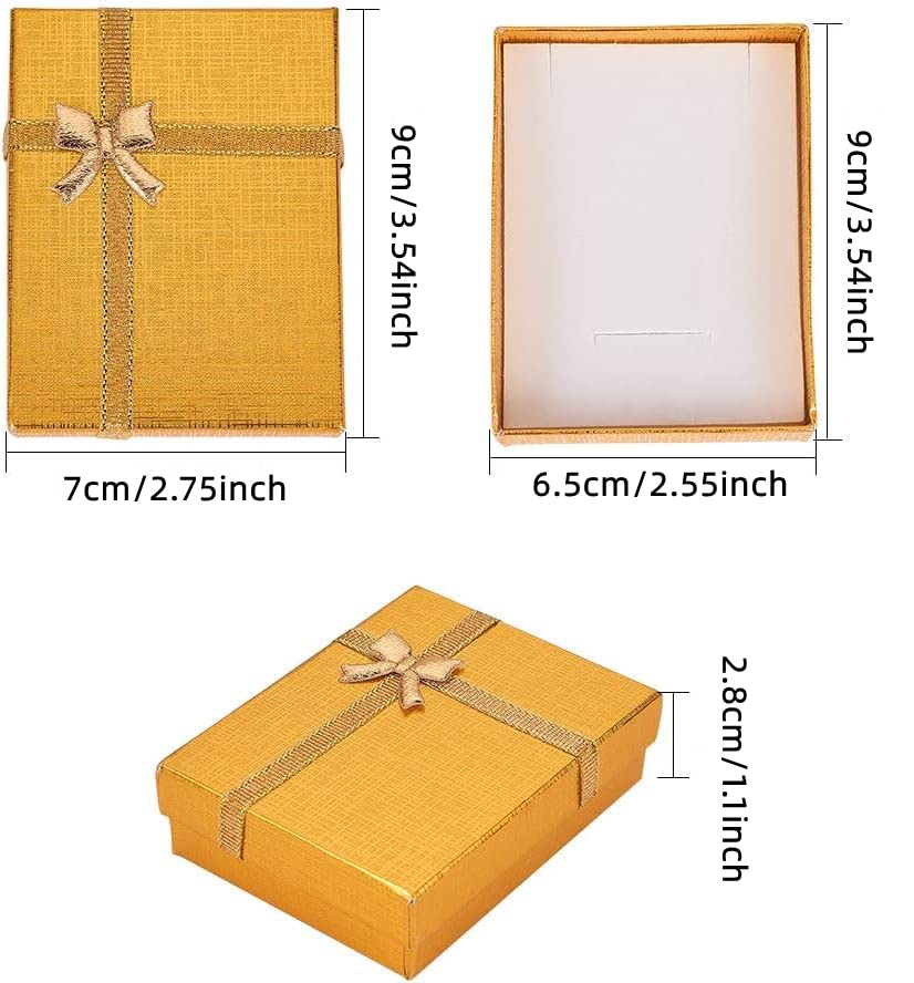 BENECREAT 12 Pack Gold Kraft Cardboard Jewelry Gift Boxes Necklace Ring Box 3.5x2.5x1 with Bows for Anniversaries, Weddings, Birthdays, Festival Gift Packaging