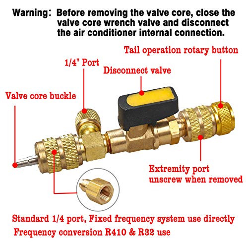 T6 Valve Core Remover/Installer with Dual Size SAE 1/4 & 5/16 Port Air Conditioning Line Repair Tools for HVAC R32 R410A