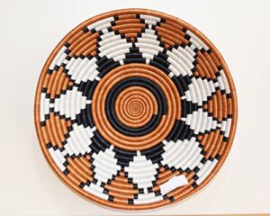 large hand woven african basket – 12 inches sisal & sweetgrass basket – handmade in rwanda, gingerbread/cinnamon brown, black, rb031