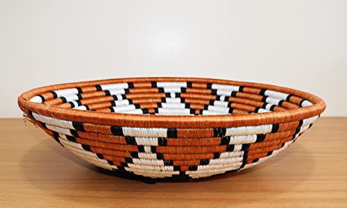 Large Hand Woven African Basket - 12 Inches Sisal & Sweetgrass Basket - Handmade in Rwanda, Gingerbread/Cinnamon Brown, Black, RB031