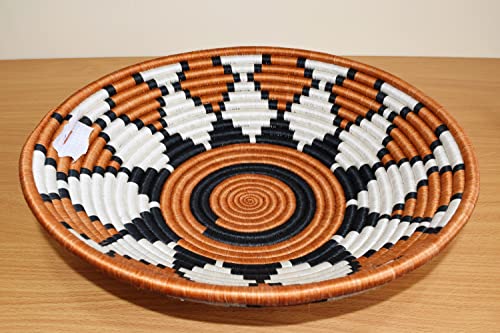 Large Hand Woven African Basket - 12 Inches Sisal & Sweetgrass Basket - Handmade in Rwanda, Gingerbread/Cinnamon Brown, Black, RB031