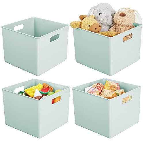 mDesign Plastic Deep Home Storage Organizer Basket Bin, Handles for Cube Furniture Shelving in Office, Closet, Bedroom, Laundry Room, Nursery, Kids Toy Room Shelf, Ligne Collection, 4 Pack, Mint Green