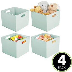 mDesign Plastic Deep Home Storage Organizer Basket Bin, Handles for Cube Furniture Shelving in Office, Closet, Bedroom, Laundry Room, Nursery, Kids Toy Room Shelf, Ligne Collection, 4 Pack, Mint Green