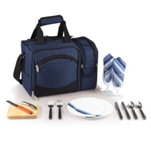 picnic time malibu cooler picnic basket, insulated cooler tote with picnic set, (navy blue with black accents)