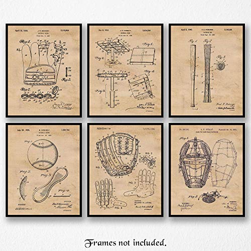 Vintage Baseball Patent Prints, 6 (8x10) Unframed Photos, Wall Art Decor Gifts Under 25 for Home Office Garage School Gym College Man Cave Student Teacher Coach Champion Team Sports League Fans