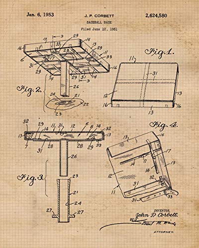 Vintage Baseball Patent Prints, 6 (8x10) Unframed Photos, Wall Art Decor Gifts Under 25 for Home Office Garage School Gym College Man Cave Student Teacher Coach Champion Team Sports League Fans