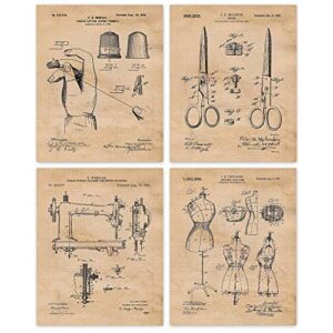 vintage sewing machine patent prints, 4 (8×10) unframed photos, wall art decor gifts under 20 for home office salon college student teacher school fashion design hobbies craft craftsman dress tailor