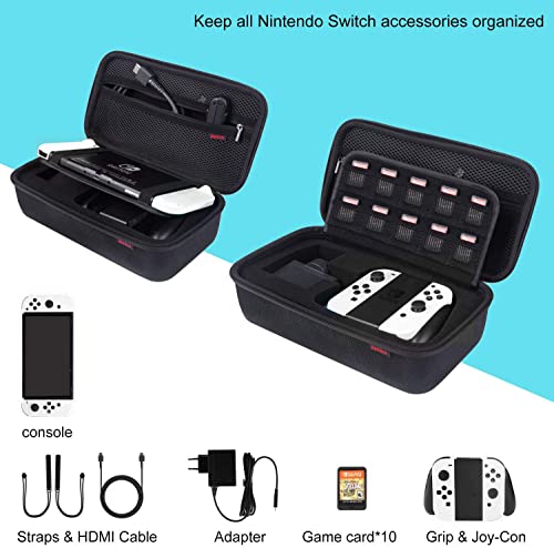 Bestico Carrying Case for Nintendo Switch and Switch OLED Model, Protective Hard Shell Portable Travel Case Pouch for Nintendo Switch Console, AC Adapter, Joy-con Grip, Joy-con Strap and 10 Game Cards