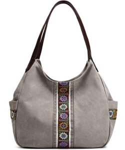 worldlyda women canvas hobo purse multi pocket tote shopper shoulder bag casual top handle handbag with embroidery ethnic light grey