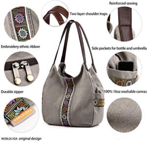 Worldlyda Women Canvas Hobo Purse Multi Pocket Tote Shopper Shoulder Bag Casual Top Handle handbag with Embroidery Ethnic Light Grey