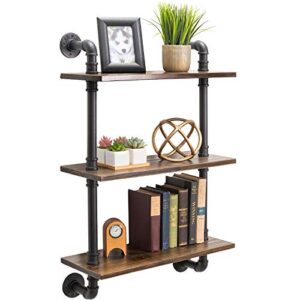 excello global products 3-tier rustic wooden wall floating shelf display 24″x36″ with iron pipe for kitchen, bedroom, office