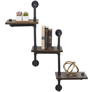 EXCELLO GLOBAL PRODUCTS 3-Tier Wooden Wall Ladder Floating Rustic Shelf 35"x40" with Iron Black Pipe Hardware for Bedroom, Kitchen, Office